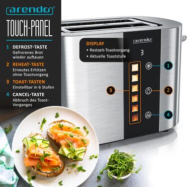 Тостер Arendo з нержавіючої сталі, 2 відділення, сенсорний дисплей, 800 Вт, підставка для булочок, 6 рівнів підсмажування, центрування хліба, таймер, пам'ять (C: Steelsilver)