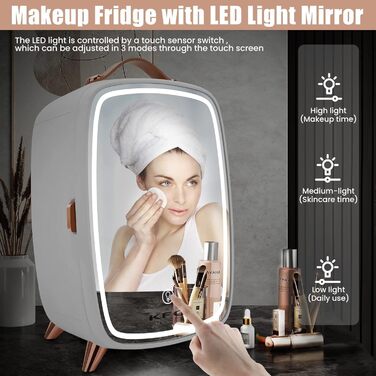Міні-холодильник KFO Ultra-тихий (20 дБ) з LED-дзеркалом для косметики та напоїв, 220V AC/ 12V DC, термоелектричне охолодження та нагрівання, білий (6 л)