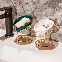 Набір з 2 мисок для мила з отвором, 13,5x8,5 см, кераміка, самостійний злив, у формі листка, білий, зелений