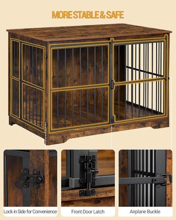 Клітка для собак Hzuaneri, 110 см, 2 двері, сучасний дизайн, для собак малих, середніх та великих порід (до 100 кг), з функцією приліжкового столика, посилена ковзна дверцята, 65 × 110 × 81 см, колір Vintage Brown, DFC84401B