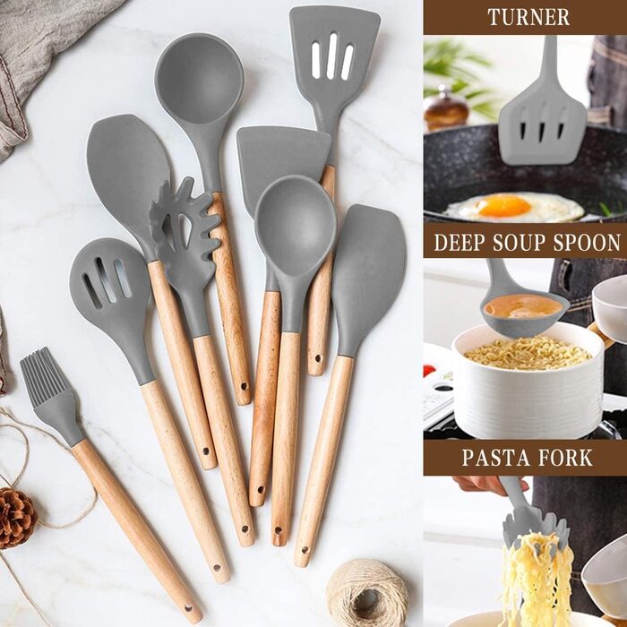 Набір кухонного приладдя Silikon Umiten 24 шт. з підставкою, термостійкий, антипригарний, для посудомийної машини - сірий колір