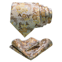 Чоловічий краватка-набір JEMYGINS з квітковим принтом та нагрудною хустинкою, з затискачем для краватки, білий золотий