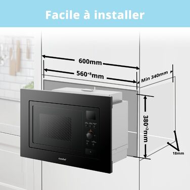 Вбудована мікрохвильова піч COMFEE' CBMAG820BJL-BK, 20 л, 800 Вт, гриль, 5 рівнів потужності, 8 автоматичних меню, функція швидкої заморозки, чорний колір