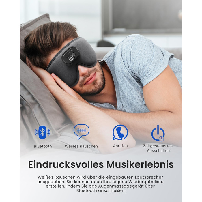 Маска для сну Renpho з Bluetooth V5.2, подарунок для жінок, RENPHO Ultra Soft, бездротова маска для сну з 3D-екраном, комфортна для тих, хто спить на боці, маска для сну з білим шумом, сіра