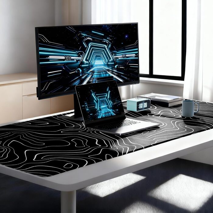 Великий килимок для столу 800x400 мм - ігровий килимок для миші з прошитими краями, неслизька підкладка, килимок для клавіатури та миші Black & White Abstraction (Топографічна лінія)