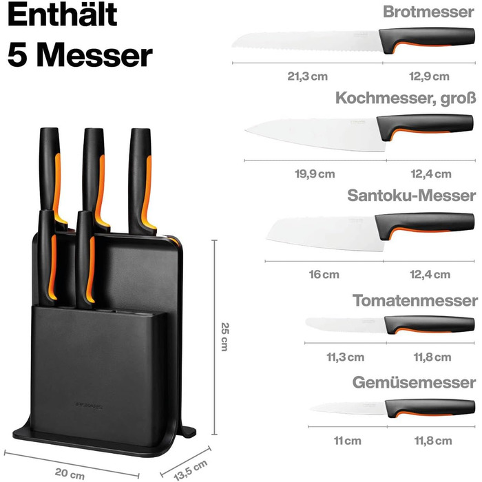 Набір ножів Fiskars Functional Form: блок з 5 ножами (овочевий, для томатів, Santoku, кухонний, для хліба), пластик, чорний