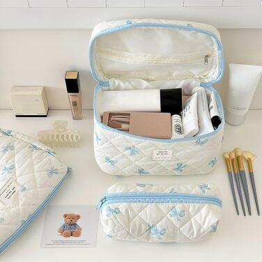 Набір косметичок 3 шт. для подорожей, дамські косметички з квітковим принтом, набір для макіяжу, косметичні сумочки для дівчат та жінок (блакитна стрічка)