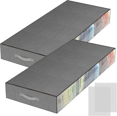 Комод під ліжко, 2 шт. Коробки для зберігання під ліжко з кишеньками для одягу, прозорі, ящик для ліжка з вікном, органайзер для ковдр, подушок, одягу, постільної білизни (сірий)