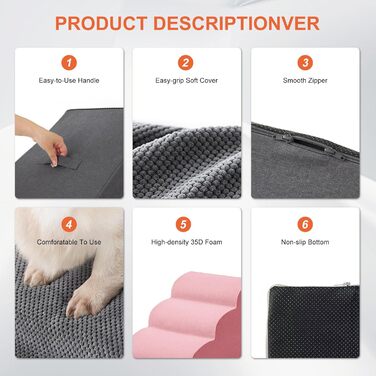 Trhillsbrad Dog Stairs, 5 Steps for Small Dogs, High-Density Foam Pet Stairs, Washable Cover and Non-Slip Bottom (Foldable Dog Stairs, 4 Steps)