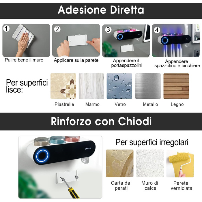 Тримач для електричної зубної щітки iHave з УФ-дезінфекцією, розумний аксесуар для ванної кімнати, 3 стаканчика, дозатор пасти, чорний