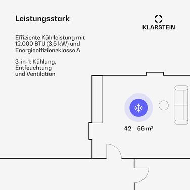 Мобільний кондиціонер Klarstein з випускним шлангом, 4-в-1: кондиціонер, вентилятор, осушувач повітря та нічний режим. Компактний та портативний кондиціонер для дому та офісу, низьке енергоспоживання, 7000 BTU, білий (12000 BTU, білий)