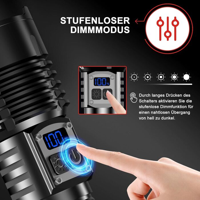 LED ліхтарик на акумуляторі 500000 люмен, 2 режими, USB-C, тактичний, потужний, регулювання яскравості, налобний, для активного відпочинку та надзвичайних ситуацій, Obsidianschwarz