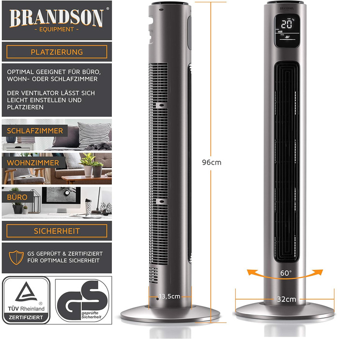 Вентилятор підлоговий Brandson з пультом дистанційного керування, 96 см, титаново-сірий. Обертання 60°, 3 швидкості, мобільний, колона