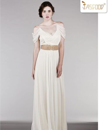 Жіночий широкий еластичний пояс JasGood вінтажний, бежевий, 70 см (під талію 71-80 см) з золотою пряжкою