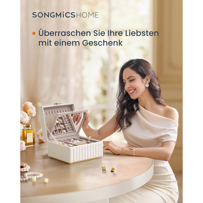 SONGMICS HOME ANAH: Шкатулка для прикрас з дзеркалом, 2 ящики, білий колір, 21.5 x 24 x 13.5 см