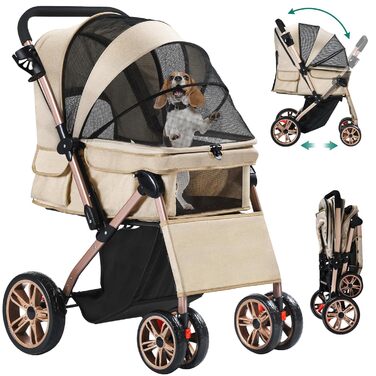 YITAHOME Buggy для собак та котів, складний, до 22 кг, з обертовим ручками, сітковими вікнами, тримачем для напоїв, EVA-колеса з гальмом (Бежевий)