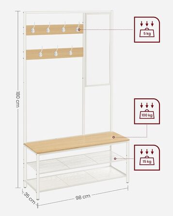 VASAGLE Clothes Rack, Coat Rack, Coat Stand with Hooks, Mirror, Bench, 35 x 98 x 180 cm, for Entryway, Bedroom, Living Room, Modern, Oak-White HSR415W09