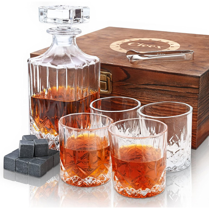 Whiskey Decanter Set, 750ml Decanter with 4 x 220ml Whiskey Glasses, 12 Stones, Beautiful Gift Box, Father's Day Gift for Men, Transparent