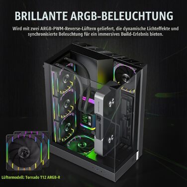 Ігровий корпус GAMEMAX T20 BK M-ATX, панорамне загартоване скло 270°, вертикальна установка GPU, 2x120мм ARGB вентилятори, підтримка 360мм радіатора та SFX/SFX-L БЖ, BTF-Ready, чорний