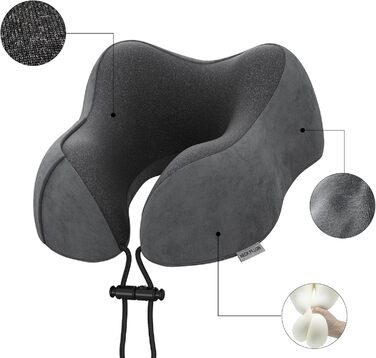 Подушка для шиї у подорожах: м'яка, з memory foam, для автомобіля, літака, офісу та дому (темно-сіра)