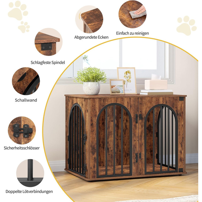 Клітка для собак Hzuaneri, 80 см, 3 двері, бокова дверцята, сучасний дизайн, стіл-клітка, міцна, 80x56x61 см, вінтажний колір, DFC85101B