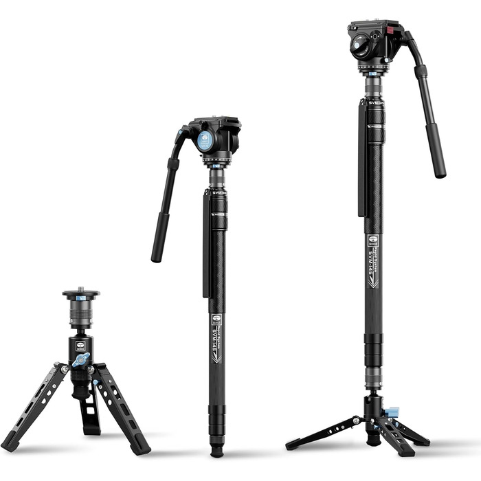 SIRUI Монопод з карбону з швидкою системою | 3-в-1 Модульний монопод, 145 см, 10 кг, для DSLR та відео (SVM-145+VH-10)