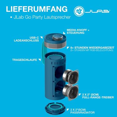 JLab Go Party: Портативна Bluetooth колонка з RGB підсвіткою, 16+ годин роботи, IP56 (Синій)