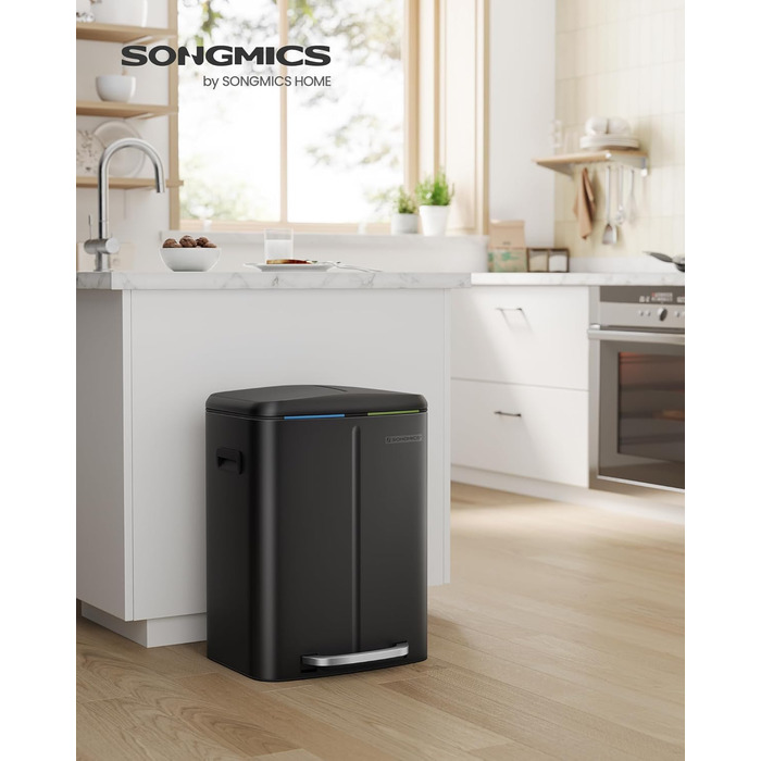 SONGMICS Відро для сміття 40 л з 2 відділеннями, 2 x 20 л, з педаллю, з металу, з пластиковим внутрішнім відром, з кришкою, з ручками, Softclose, герметичне, біле LTB40WT (Чорний)