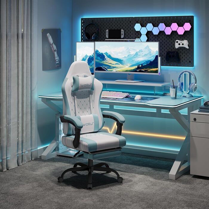 WOLTU Gaming Chair with Massage Function, Computer Chair with Pocket Spring Cushion, Ergonomic Gamer Recliner, Swivel Chair with Headrest, Lumbar Pillow, Footrest, Mesh Fabric, White+Blue, GS15bws White+blue Mesh Fabric