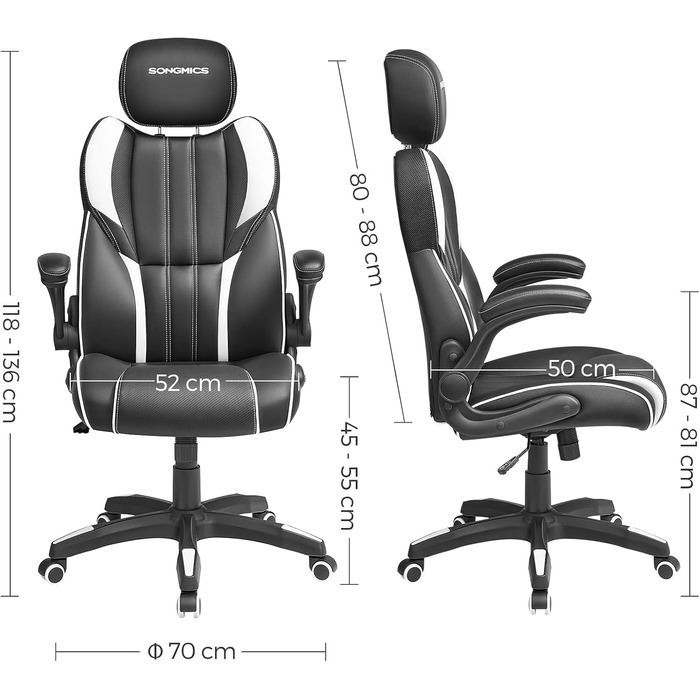 Крісло офісне SONGMICS, геймінгове, регульована підголовник, функція гойдання, регульовані підлокітники, універсальні ролики, регулювання висоти, OBG65BK (чорно-біле)