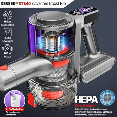 Бездротовий акумуляторний пилосос KESSER® з LED-дисплеєм, до 60 хвилин роботи, тихий, без мішка, з антизаплутаною насадкою, HEPA-фільтром, аромакапсулою (чорний/сірий)