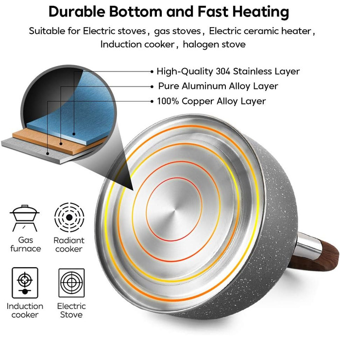 Чайник VONIKI з нержавіючої сталі 2,5 л з свистком для плити, з дерев'яною ручкою, сірий, для приготування чаю та як подарунок