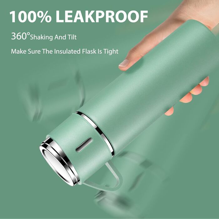 Stainless Steel Thermos Flask with Cup and Handle - 500ml Insulated Travel Mug - Leakproof, Double-Walled, Vacuum-Sealed - Keeps Hot/Cold for 12 Hours - for Kids, Sports, Outdoors (Black, Green)