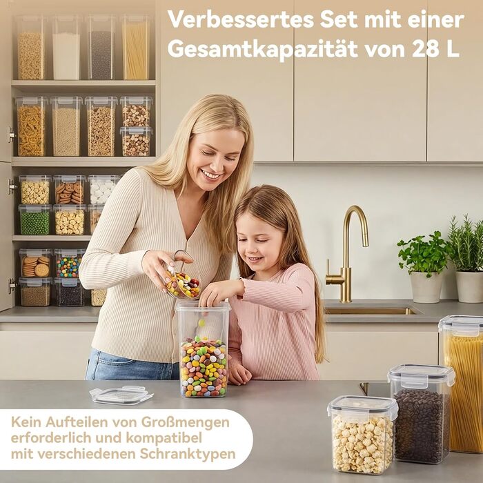 Набір контейнерів для зберігання продуктів Küchen 16 шт, 2.8л/30см, герметичні, без BPA, для круп, спагеті, борошна