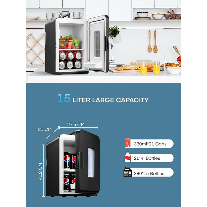 Northclan Mini Fridge 15L - Portable Cooler & Warmer for Home & Car - 220V AC/12V DC - Black