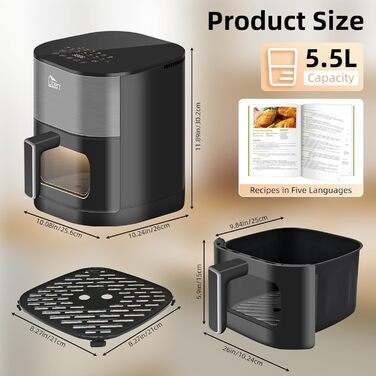 Універсальна аерофритюрниця Uten Dual Blaze 2000 Вт, 5,5 л, без масла, 14 програм, з оглядовим вікном, сірий квадрат