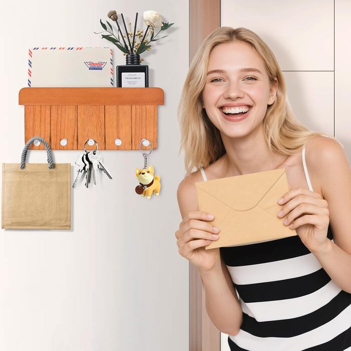 Дерев'яне ключниця з полицею, 5 гачків, для прихожей, кухні, спальні (колір: коричневий)