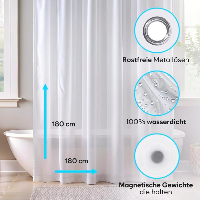 Прозорий душовий завіс ZENO 180x180 см - PEVA, з отворами та магнітами, водонепроникний, матовий