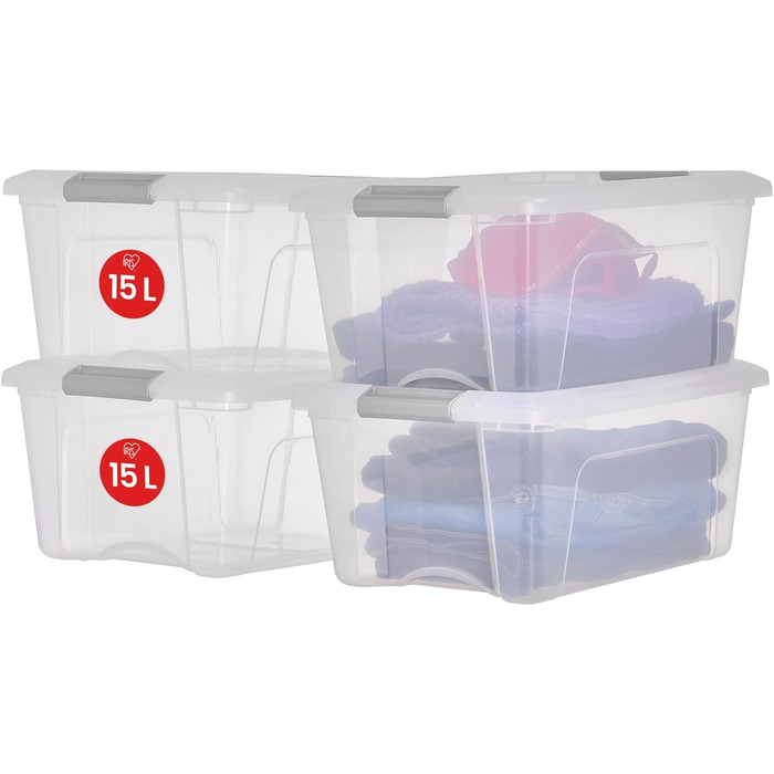 Iris Ohyama Storage Boxes with Lids, 60L, Set of 4, Silver, Secure Closure, Stackable, Handles, for Bedroom, Closet, Office, Organization, BPA-free Plastic, Storage Boxes, NTB-60 (Black, 15L/Set of 4)