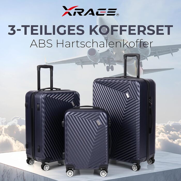 Набір валіз xRace 3-частинний ABS, 20/24/28 дюймів, ручна поклажа, TSA замок, 360° колеса, стійкий до ударів, з преміум підкладкою (Морська блакить)