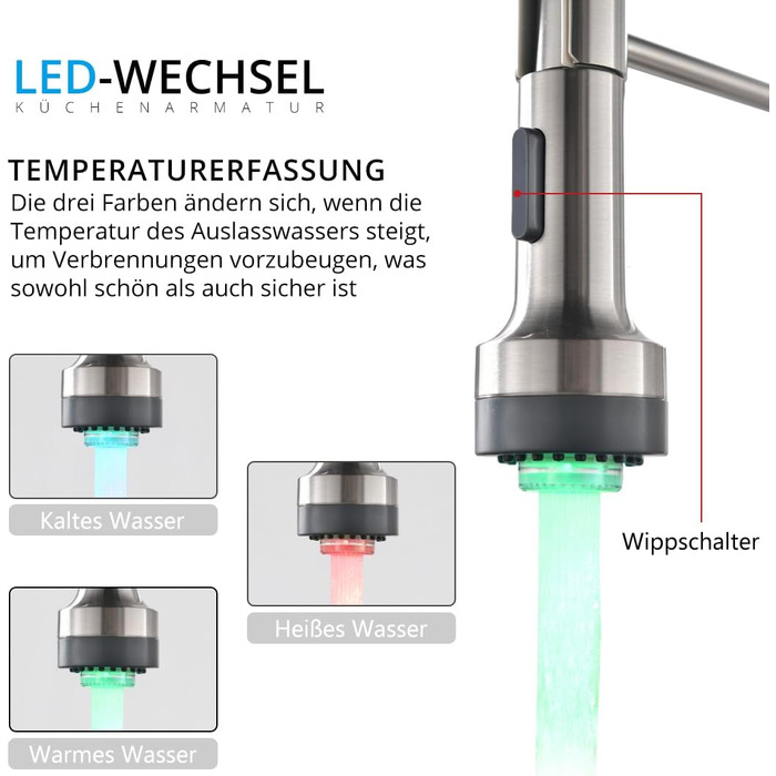 Кухонний змішувач AIMADI висувний, високотискний, з 2 режимами (струя та розпилення), поворотний на 360°, однорідний, для кухонної мийки (з нержавіючої сталі)