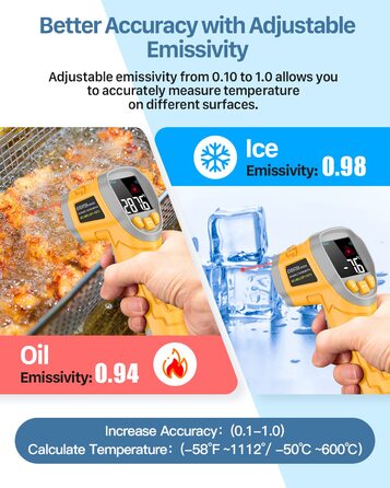 Інфрачервоний термометр Eventek -50°C ~ 600°C з лазером, регулюванням випромінювання та LCD-дисплеєм для гриля, піци, кухні та промисловості (жовтий)