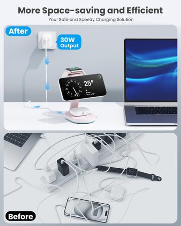 Бездротова зарядка 3-в-1 з MagSafe, USB-C, для iPhone 16/15/14/13/12, Apple Watch та AirPods, з нічним світлом (Рожева)