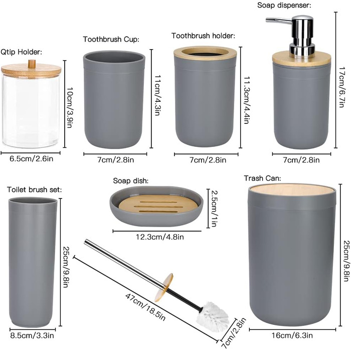 Набір аксесуарів для ванної кімнати Otostar Bambus Grey: мильниця, тримач для зубних щіток, дозатор мила, контейнер для ватних паличок, тримач для туалетного паперу, сміттєвий бак (6 шт.)