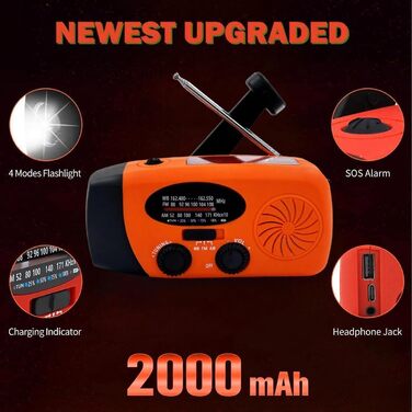 Радіо на сонячній батареї з ручним заводом 2000mAh, AM/FM/NOAA, зарядний пристрій для телефону з SOS, ліхтарик LED 1W, вихід для навушників, портативний Power Bank для надзвичайних ситуацій оранжевого кольору