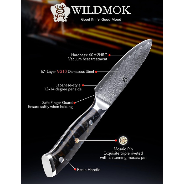 Кухонний ніж WILDMOK, 12 см, з японської сталі VG-10, з ергономічною ручкою з кольорового харчу, подарункова коробка