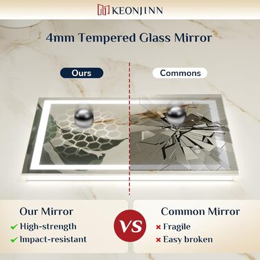 Дзеркало для ванної кімнати Keonjinn з підсвічуванням, чорний металевий каркас 60x80 см, LED, антизапар, сенсорне керування, 3 кольори світла, регулювання яскравості, пам'ять, настінне дзеркало