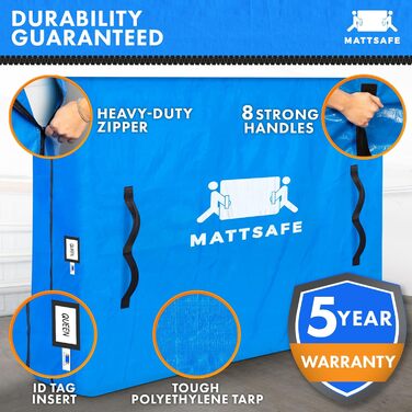 Moving and Storage Bag with 8 Handles - Queen Size - Reusable Cover with Heavy-Duty Zipper - Extra Thick Mattress Protector - MATTSAFE by Nordic Elk