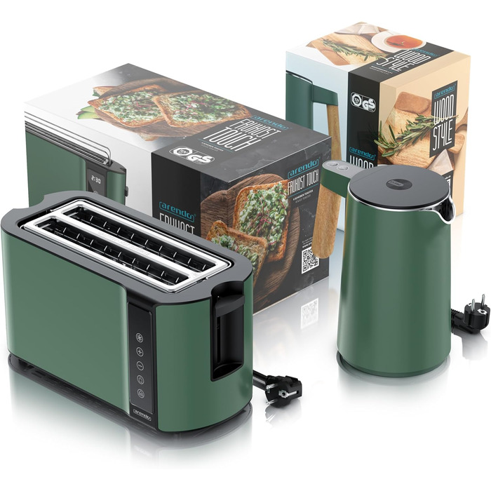 Набір кухонних приладів Arendo: чайник з регулюванням температури та тостер на 4 шматочки з LED-дисплеєм – зелений (Set 1)