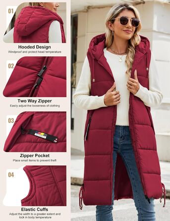 Жіноча довга степкова жилетка Vancavoo з капюшоном, червона, XXL
